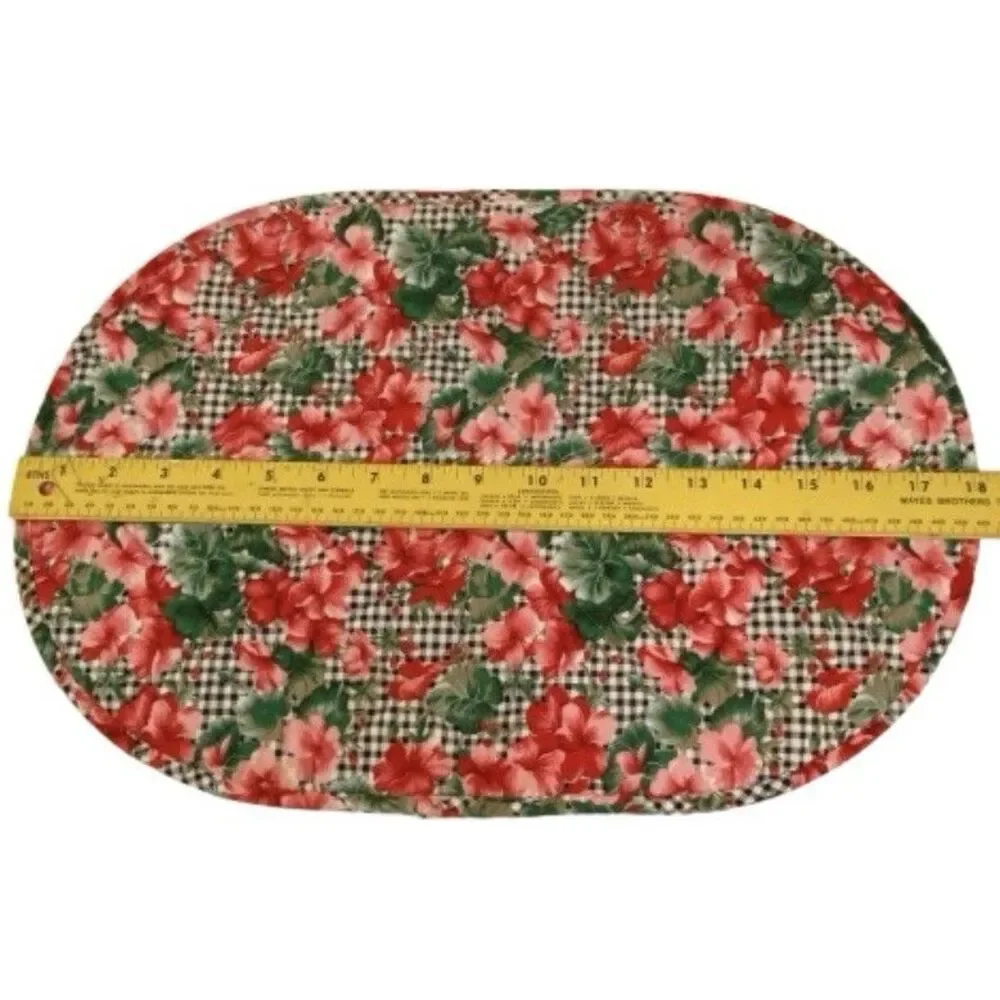 Set of 6 Vintage Floral Quilted Placemats Gingham Check Hibiscus Red Pink Oval